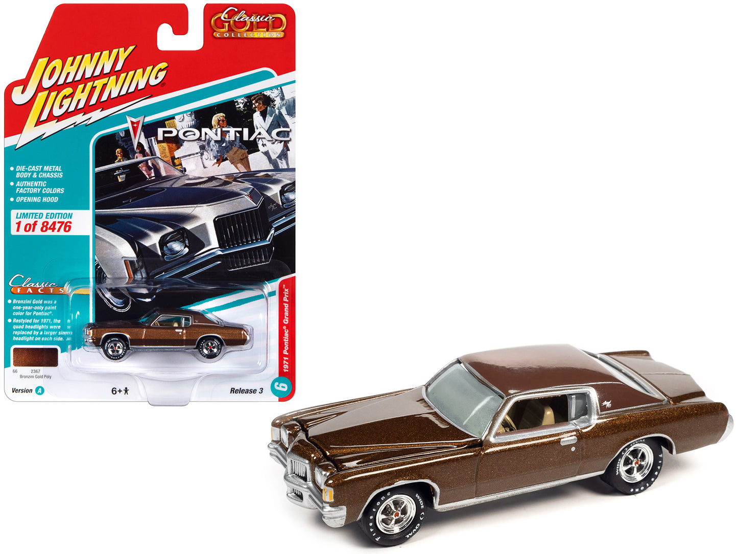 1971 Pontiac Grand Prix Bronzini Gold Metallic "Classic Gold Collection" Series Limited Edition to 8476 pieces Worldwide 1/64 Diecast Model Car by Johnny Lightning