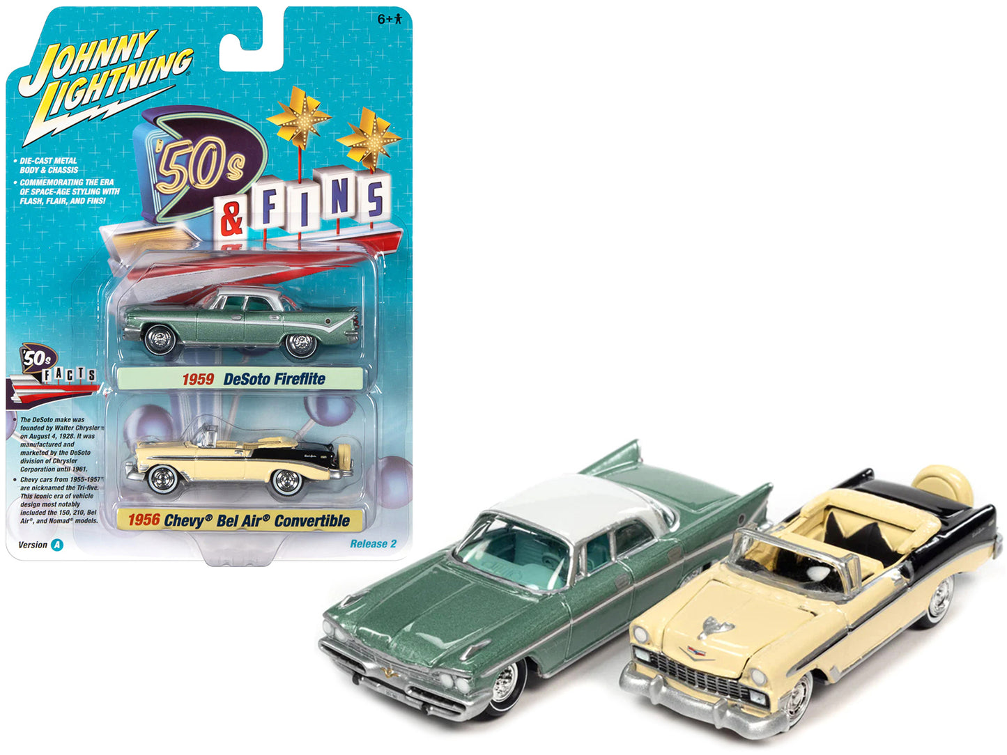 1959 Desoto Fireflite Surf Green Metallic with White Top and 1956 Chevrolet Bel Air Convertible Crocus Yellow and Black "'50s & Fins" Series Set of 2 Cars 1/64 Diecast Model Cars by Johnny Lightning