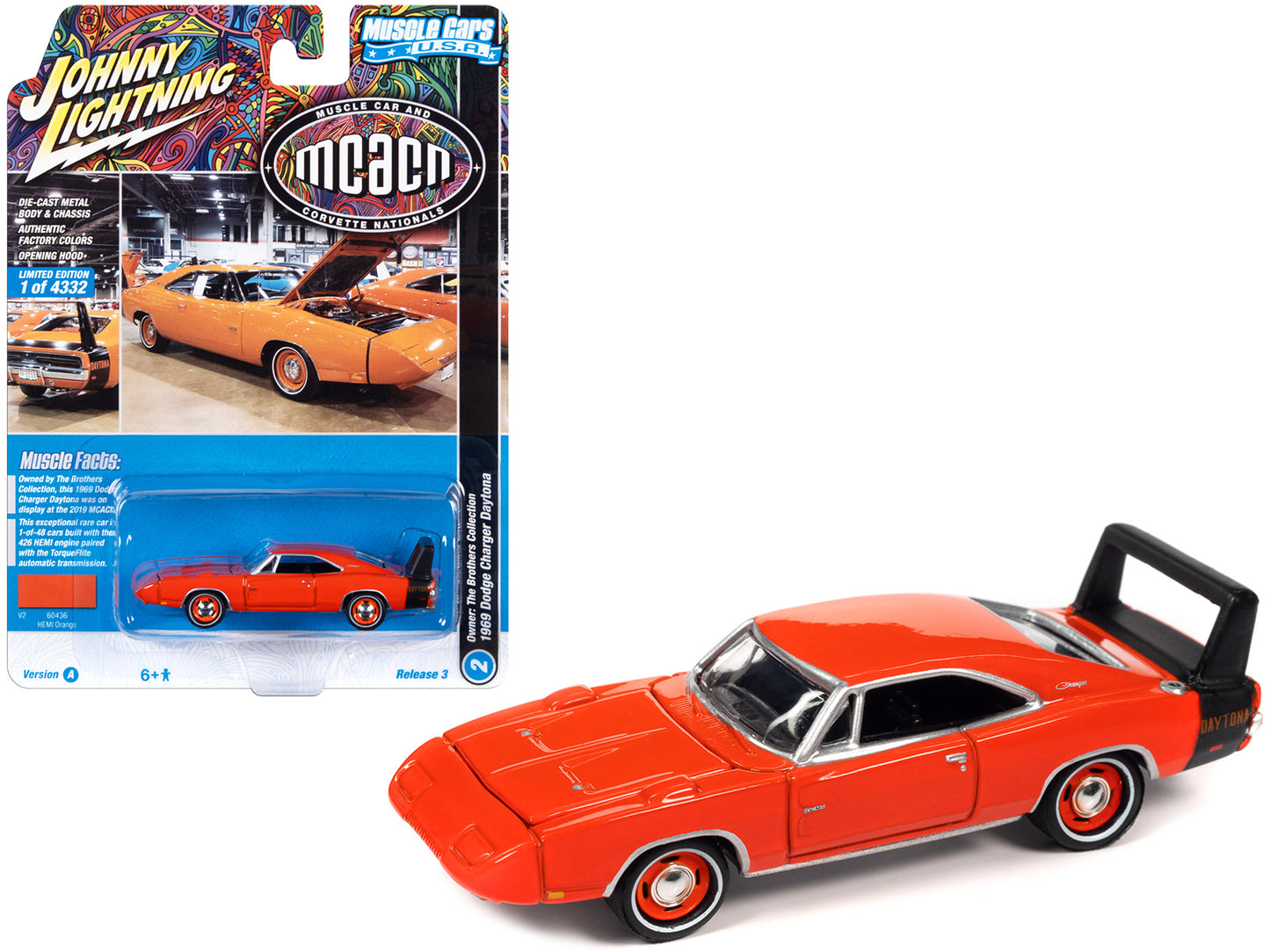 1969 Dodge Charger Daytona HEMI Orange with Black Tail Stripe "MCACN (Muscle Car and Corvette Nationals)" Limited Edition to 4332 pieces Worldwide "Muscle Cars USA" Series 1/64 Diecast Model Car by Johnny Lightning