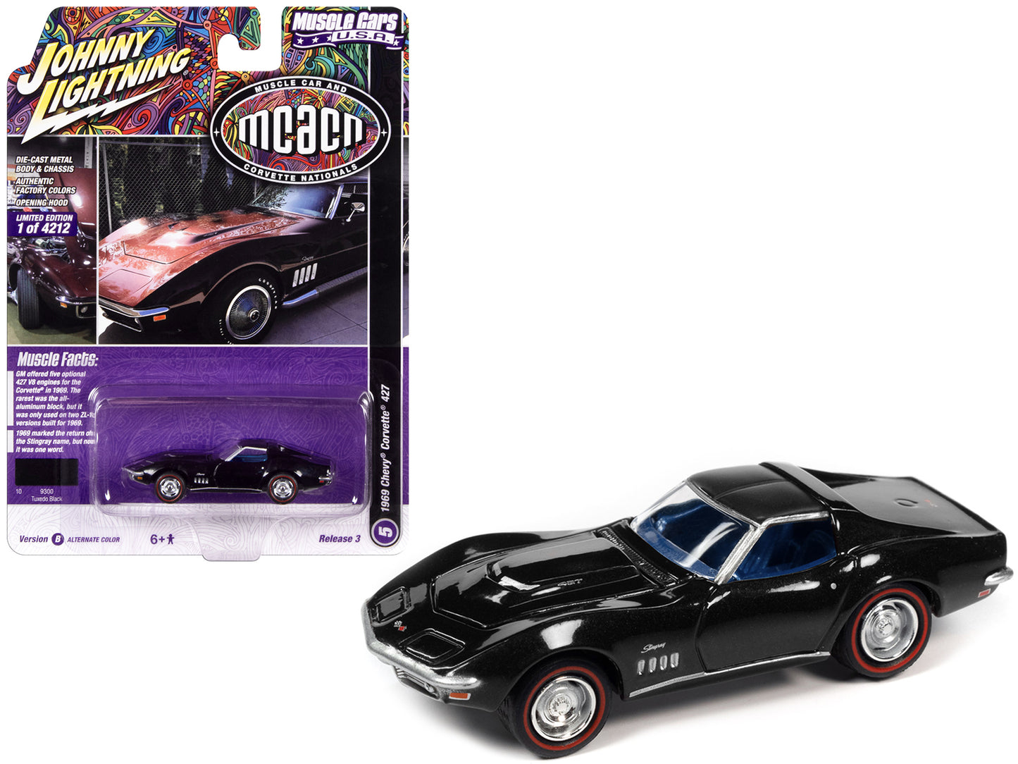 1969 Chevrolet Corvette 427 Tuxedo Black with Blue Interior "MCACN (Muscle Car and Corvette Nationals)" Limited Edition to 4212 pieces Worldwide "Muscle Cars USA" Series 1/64 Diecast Model Car by Johnny Lightning