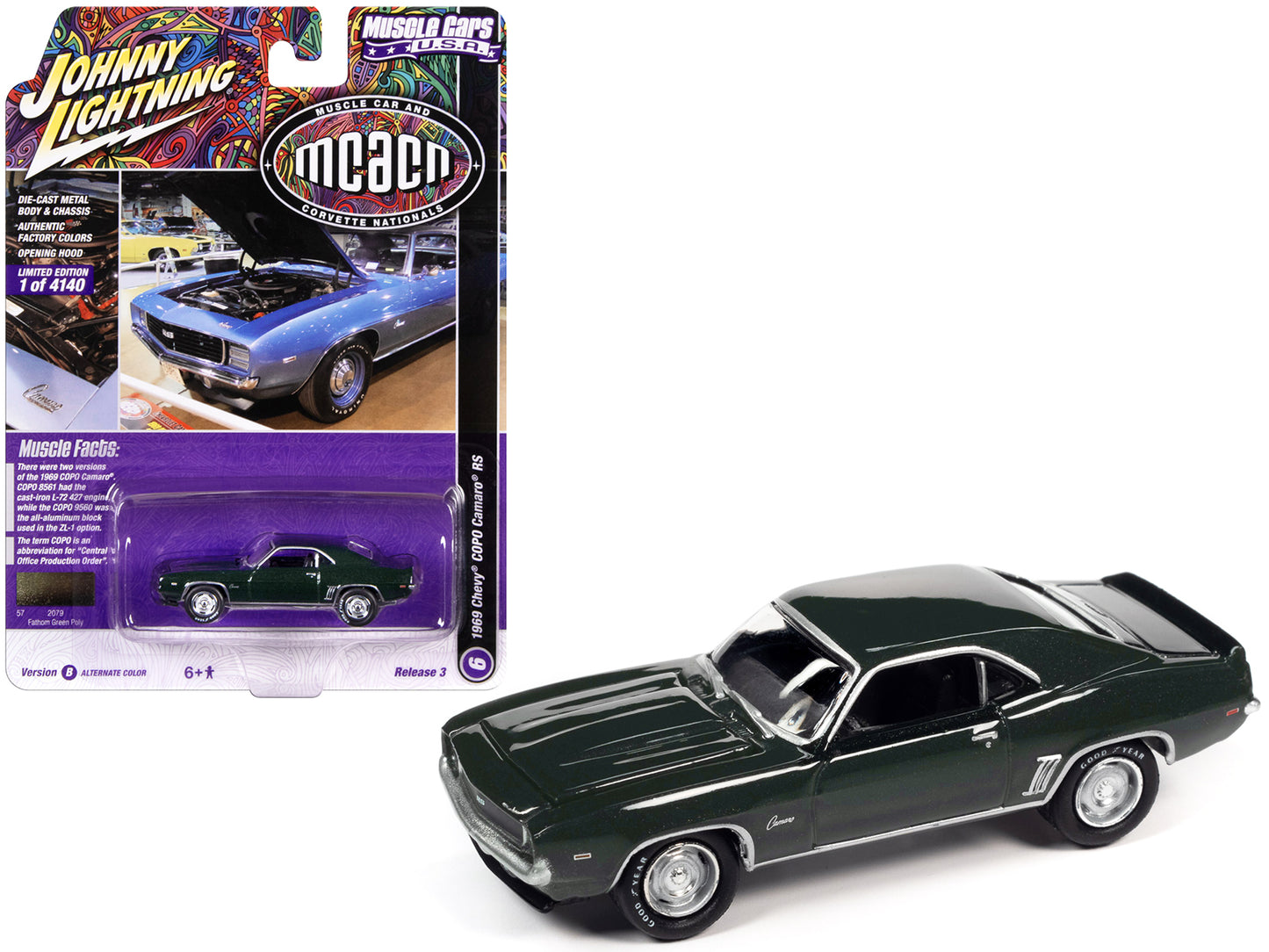 1969 Chevrolet COPO Camaro RS Fathom Green Metallic "MCACN (Muscle Car and Corvette Nationals)" Limited Edition to 4140 pieces Worldwide "Muscle Cars USA" Series 1/64 Diecast Model Car by Johnny Lightning