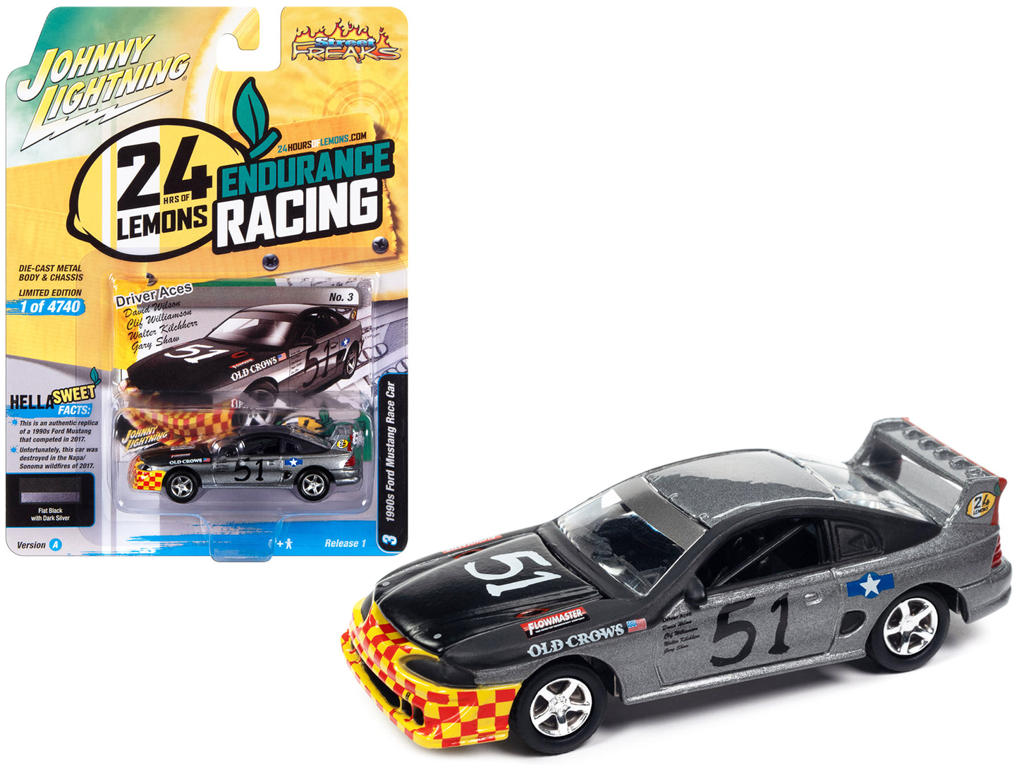 1990s Ford Mustang Race Car #51 Black and Dark Silver Metallic "Old Crows" "24 Hours of Lemons" Limited Edition to 4740 pieces Worldwide "Street Freaks" Series 1/64 Diecast Model Car by Johnny Lightning