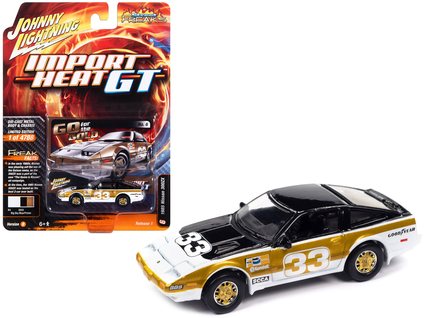 1985 Nissan 300ZX #33 Black White and Gold "Go for the Gold" "Import Heat GT" Limited Edition to 4788 pieces Worldwide "Street Freaks" Series 1/64 Diecast Model Car by Johnny Lightning