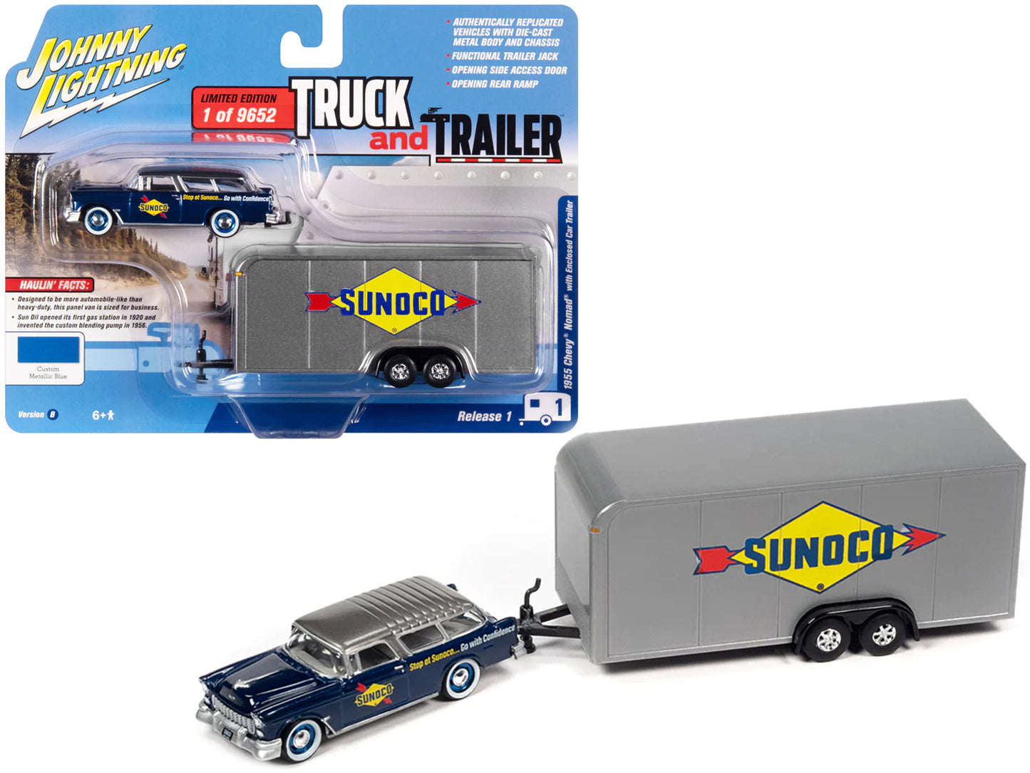 1955 Chevrolet Nomad "Sunoco" Blue Metallic with Gray Top with Enclosed Car Trailer Limited Edition to 9652 pieces Worldwide "Truck and Trailer" Series 1/64 Diecast Model Car by Johnny Lightning