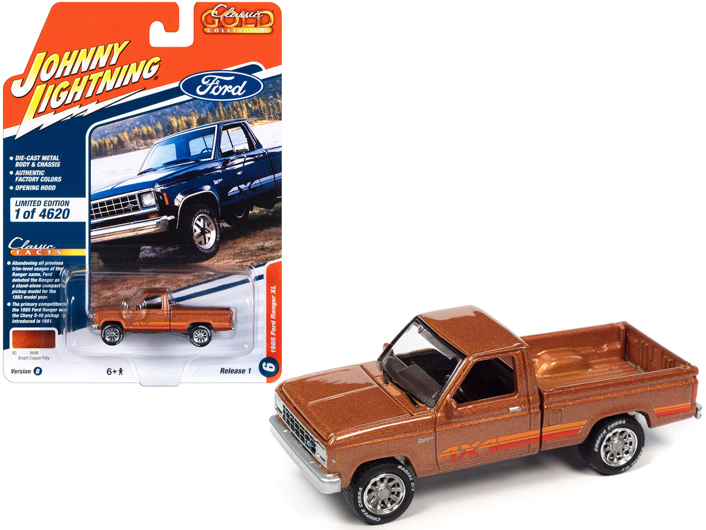 1985 Ford Ranger XL Pickup Truck Bright Copper Metallic with Stripes "Classic Gold Collection" 2023 Release 1 Limited Edition to 4620 pieces Worldwide 1/64 Diecast Model Car by Johnny Lightning