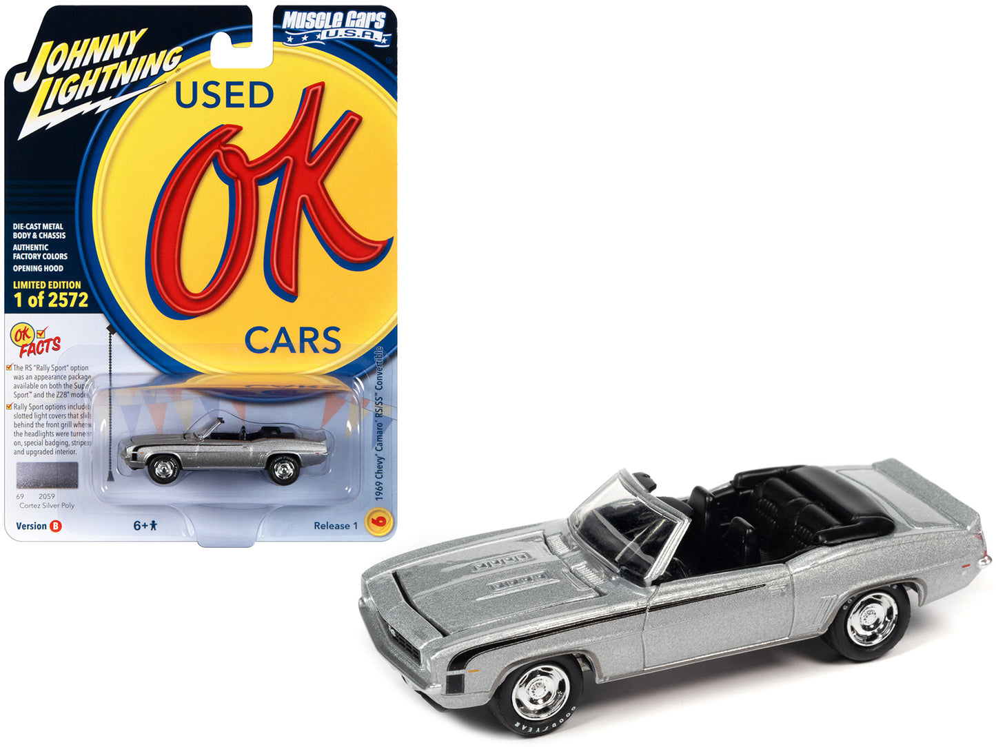 1969 Chevrolet Camaro RS/SS Convertible Cortez Silver Metallic with Black Stripes Limited Edition to 2572 pieces Worldwide "OK Used Cars" 2023 Series 1/64 Diecast Model Car by Johnny Lightning