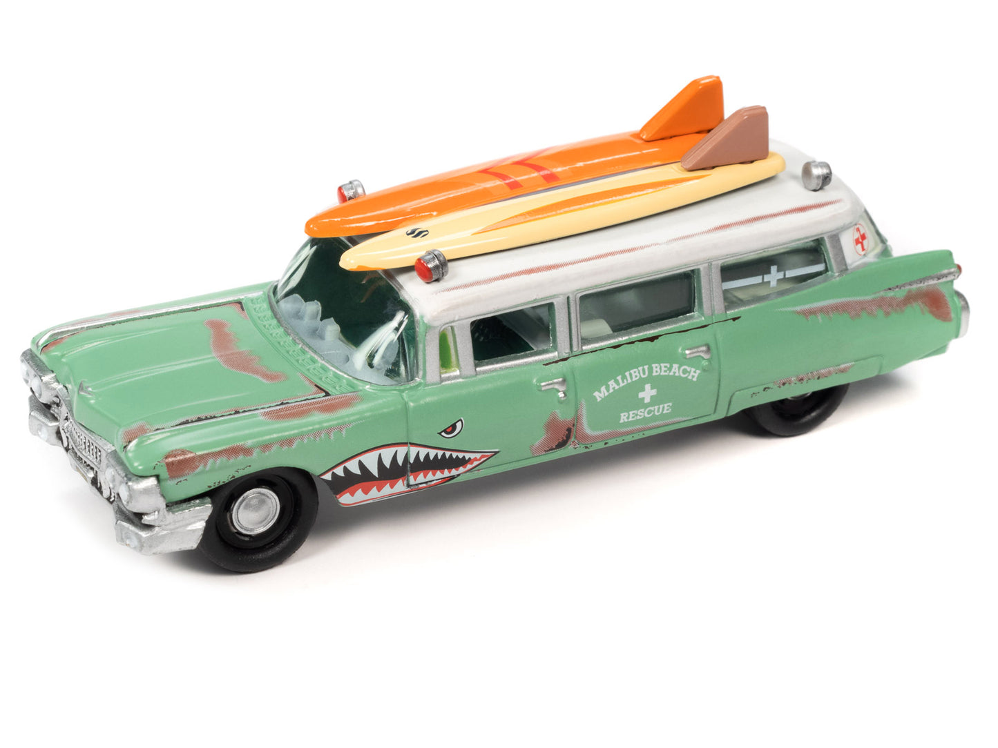 1950 Mercury Woody Wagon Matt Black w/ Wood Panels "Nomad Surf Shop" & 1959 Cadillac Ambulance Teal w/ Surf Shark Graphics & White Top Rusted "Malibu Beach Rescue" "Surf Rods" Set 2 Cars 2-Packs 2023 Release 2 1/64 Diecast Models by Johnny Lightning