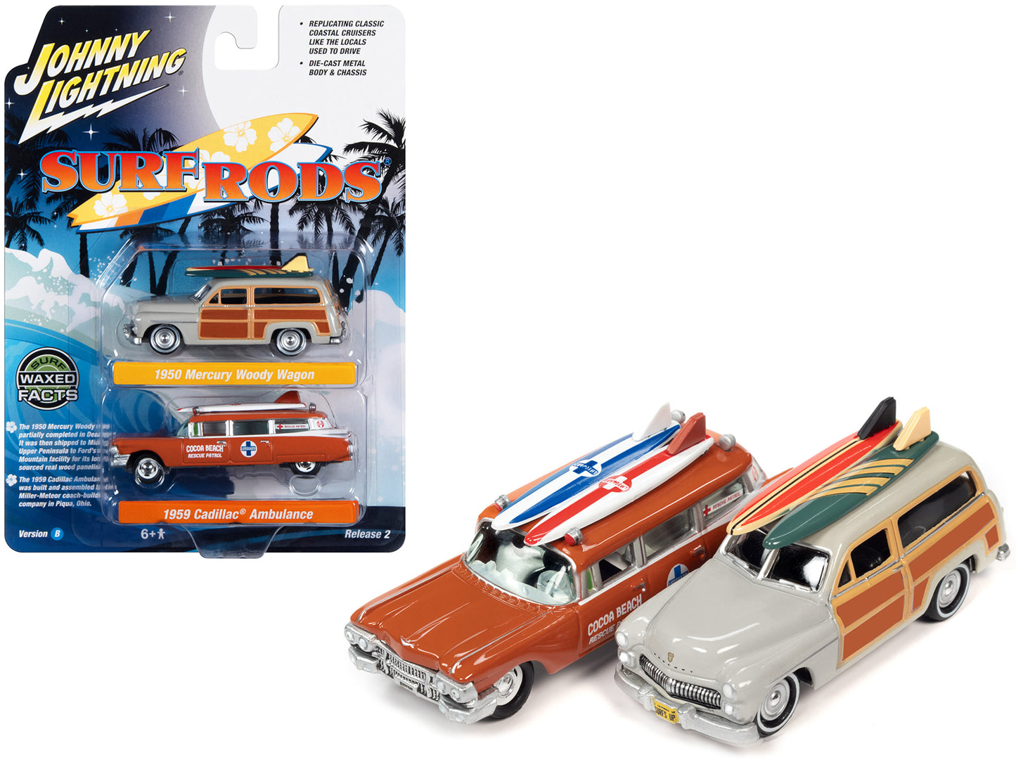 1950 Mercury Woody Wagon Dakota Gray with Wood Panels & Surfboards on Roof & 1959 Cadillac Ambulance Dull Red w/ Surfboards on Roof Cocoa Beach Rescue Patrol Surf Rods "Set of 2" Cars 2-Packs 2023 Release 2 1/64 Diecast Model Cars by Johnny Lightning