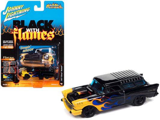 1957 Chevrolet Nomad "Draggin' Wagon" Black with Blue and Yellow Flames "Black with Flames" Limited Edition to 2500 pieces Worldwide "Street Freaks" Series 1/64 Diecast Model Car by Johnny Lightning