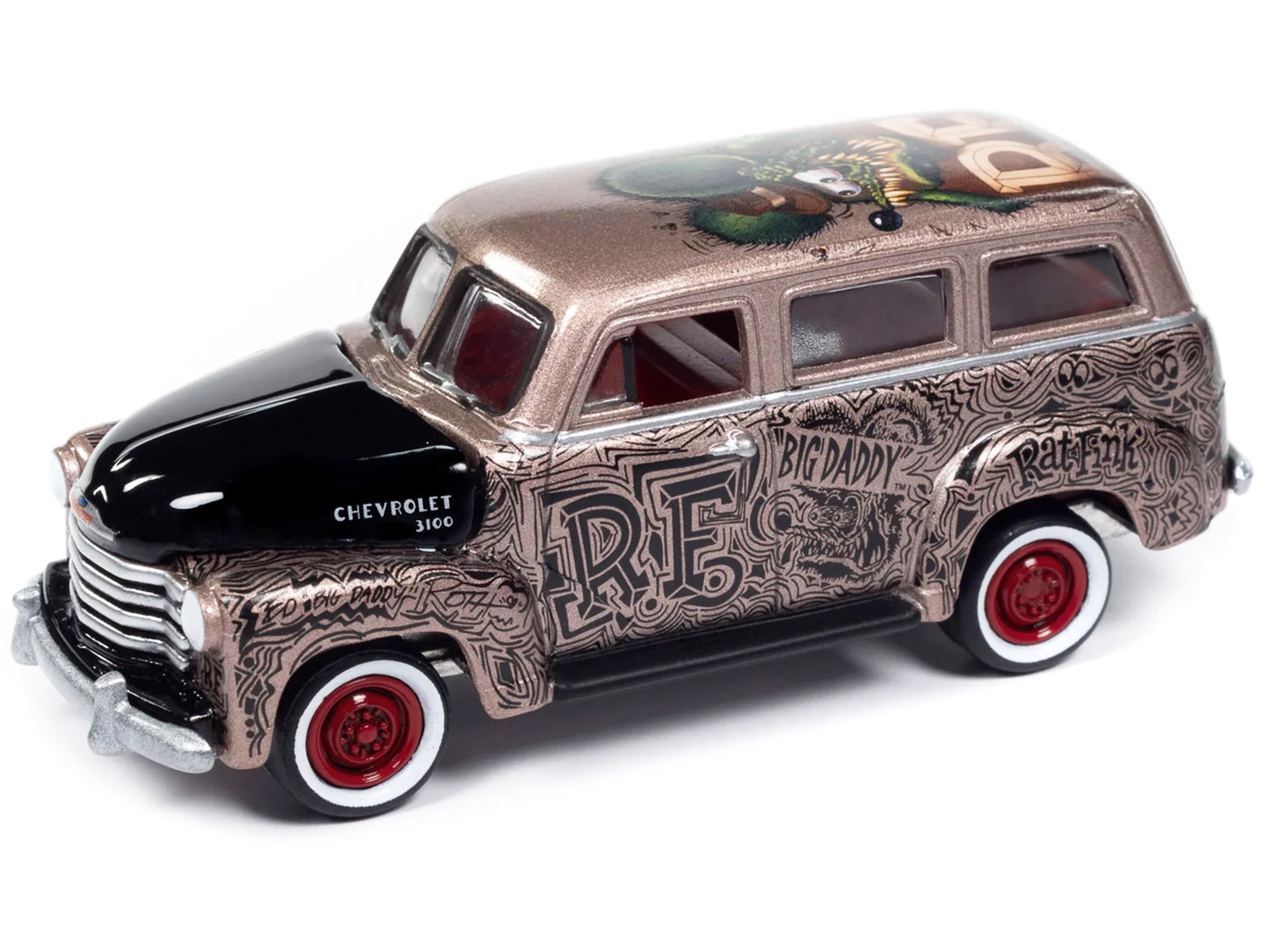 1950 Chevrolet 3100 Suburban Bronze Metallic with Black Hood "Rat Fink" Pop Culture 2024 Release 1 1/64 Diecast Model Car by Johnny Lightning