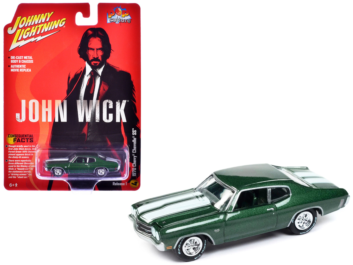 1970 Chevrolet Chevelle SS Forest Green Metallic with White Stipes "John Wick" (2014) Movie Pop Culture 2024 Release 1 1/64 Diecast Model Car by Johnny Lightning