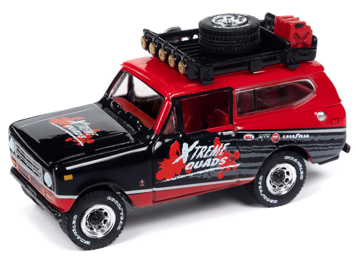 1979 International Scout II Red and Black "Xtreme Quads" with Open Utility Trailer "Tow & Go" Series 1/64 Diecast Model Car by Johnny Lightning