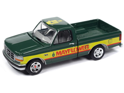 1993 Ford F-150 Pickup Truck Green and Yellow "Mayflower" with Tow Dolly "Tow & Go" Series 1/64 Diecast Model Car by Johnny Lightning