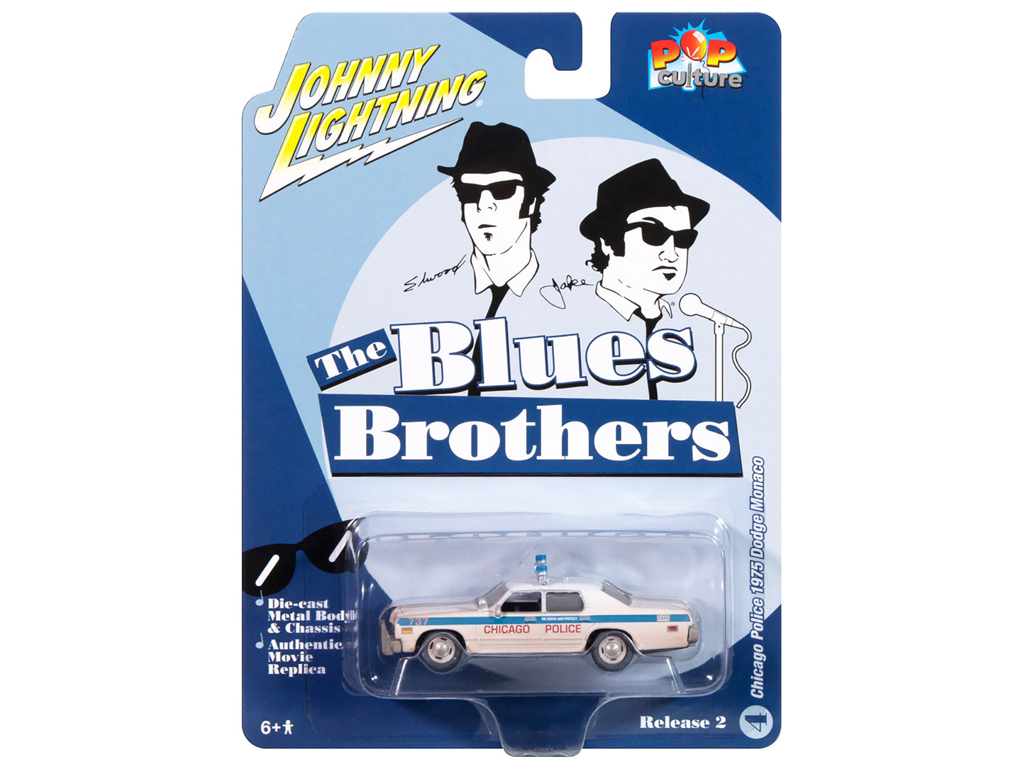 1975 Dodge Monaco "Chicago Police" White (Dirty Version) "Blues Brothers" (1980) Movie "Pop Culture" 2024 Release 2 1/64 Diecast Model Car by Johnny Lightning