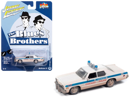 1975 Dodge Monaco "Chicago Police" White (Dirty Version) "Blues Brothers" (1980) Movie "Pop Culture" 2024 Release 2 1/64 Diecast Model Car by Johnny Lightning