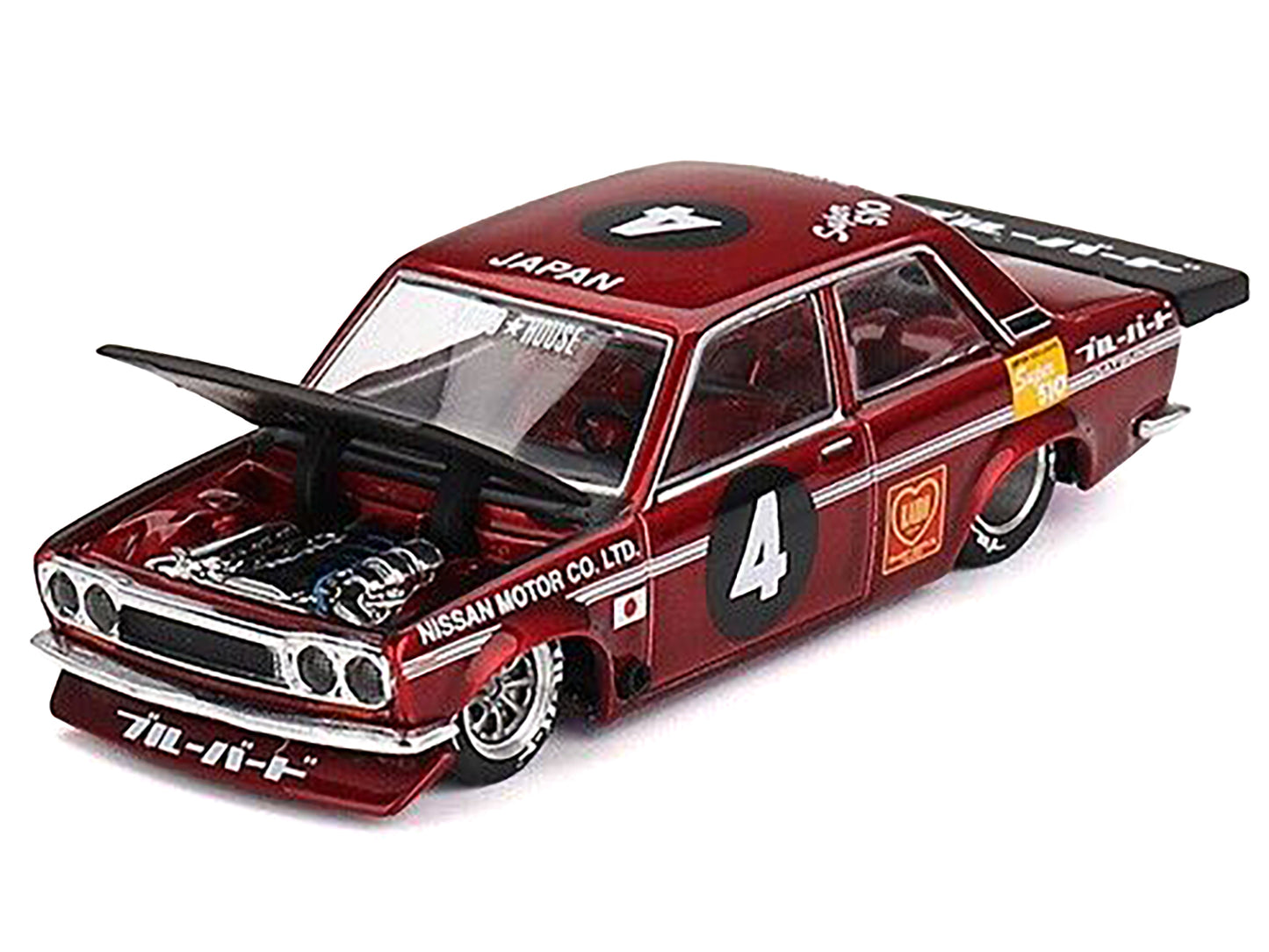 Datsun 510 Pro Street JPN V1 #4 Dark Red Metallic with Black Hood and Red Interior (Designed by Jun Imai) "Kaido House" Special 1/64 Diecast Model Car by Mini GT