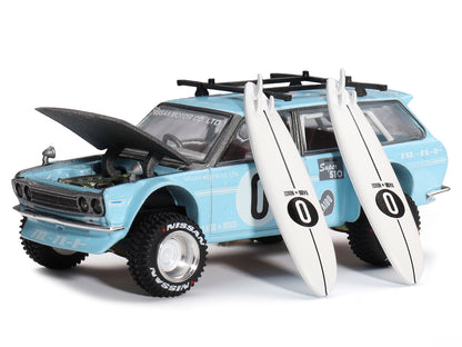 Datsun Kaido 510 Wagon 4x4 RHD (Right Hand Drive) Light Blue with Carbon Hood with Surfboards on Roof "Winter Holiday Edition" (Designed by Jun Imai) "Kaido House" Special 1/64 Diecast Model Car by Mini GT