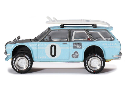 Datsun Kaido 510 Wagon 4x4 RHD (Right Hand Drive) Light Blue with Carbon Hood with Surfboards on Roof "Winter Holiday Edition" (Designed by Jun Imai) "Kaido House" Special 1/64 Diecast Model Car by Mini GT