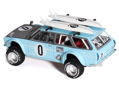 Datsun Kaido 510 Wagon 4x4 RHD (Right Hand Drive) Light Blue with Carbon Hood with Surfboards on Roof "Winter Holiday Edition" (Designed by Jun Imai) "Kaido House" Special 1/64 Diecast Model Car by Mini GT