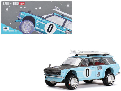 Datsun Kaido 510 Wagon 4x4 RHD (Right Hand Drive) Light Blue with Carbon Hood with Surfboards on Roof "Winter Holiday Edition" (Designed by Jun Imai) "Kaido House" Special 1/64 Diecast Model Car by Mini GT