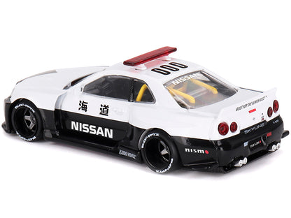 Nissan Skyline GT-R (R34) "Kaido Works (V2 Aero)" RHD (Right Hand Drive) Black and White "Japan Police" (Designed by Jun Imai) "Kaido House" Special 1/64 Diecast Model Car by Mini GT