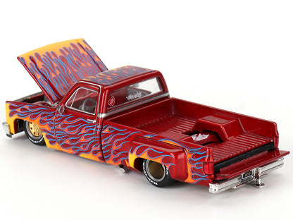 Chevrolet Silverado Dually Pickup Truck "On Fire V1" Red Metallic with Flames and Red Interior (Designed by Jun Imai) "Kaido House" Special 1/64 Diecast Model Car by Mini GT