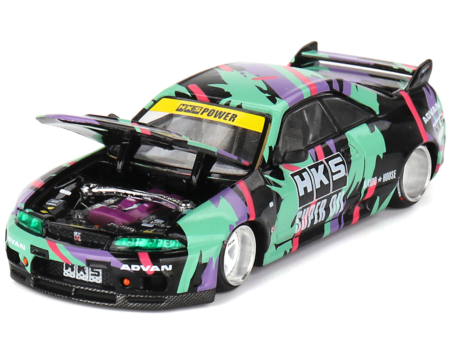 Nissan Skyline GT-R (R33) "HKS V1" RHD (Right Hand Drive) Black with Graphics (Designed by Jun Imai) "Kaido House" Special 1/64 Diecast Model Car by Mini GT