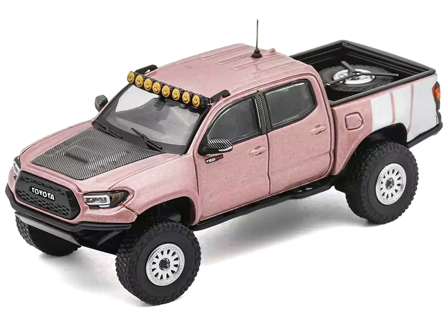 2022 Toyota Tacoma TRD PRO Pickup Truck Pink Metallic with White Stripes and Carbon Hood 1/64 Diecast Model Car by GCD