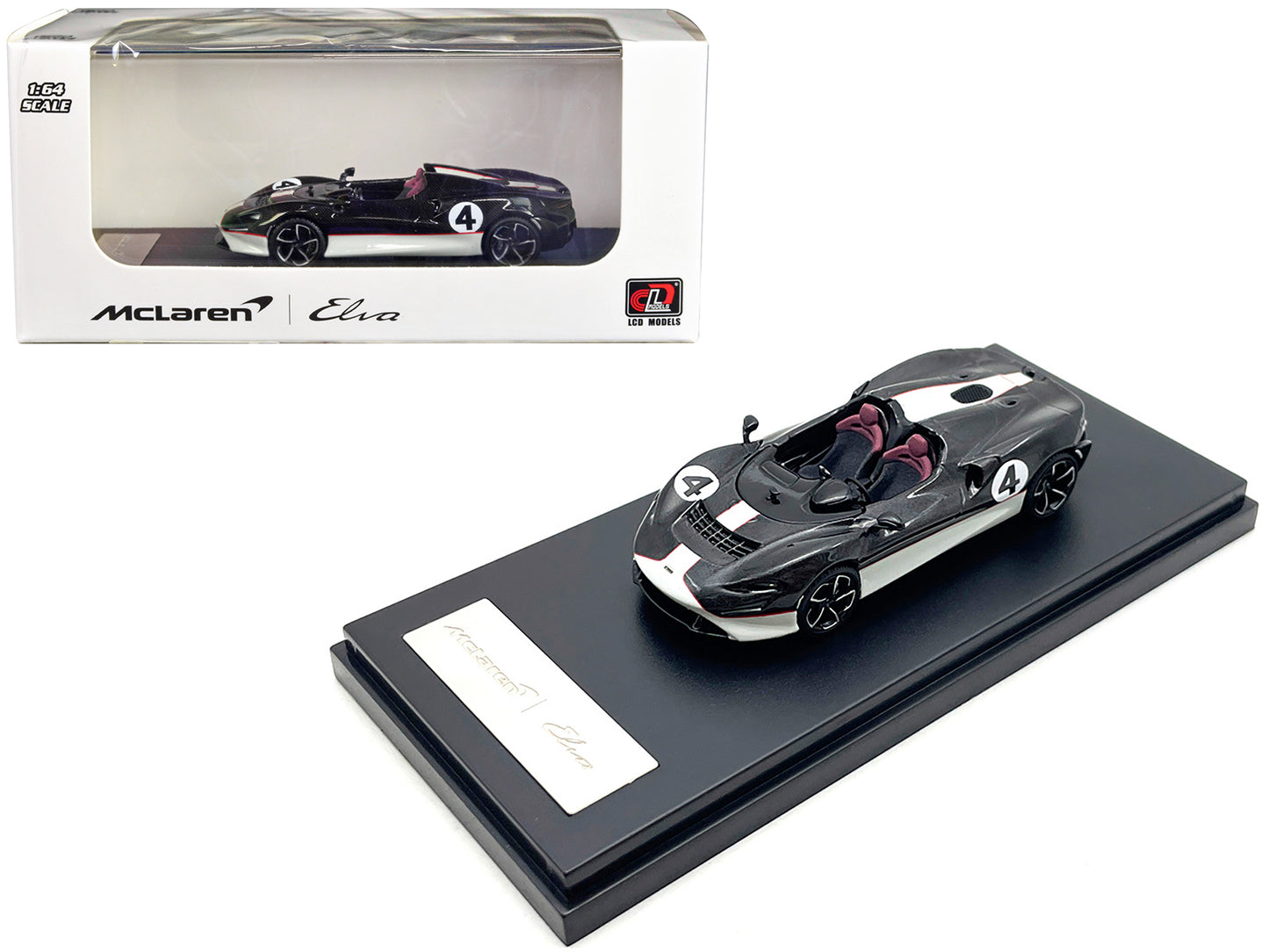 McLaren Elva Convertible #4 Carbon Black with White and Red Stripes 1/64 Diecast Model Car by LCD Models