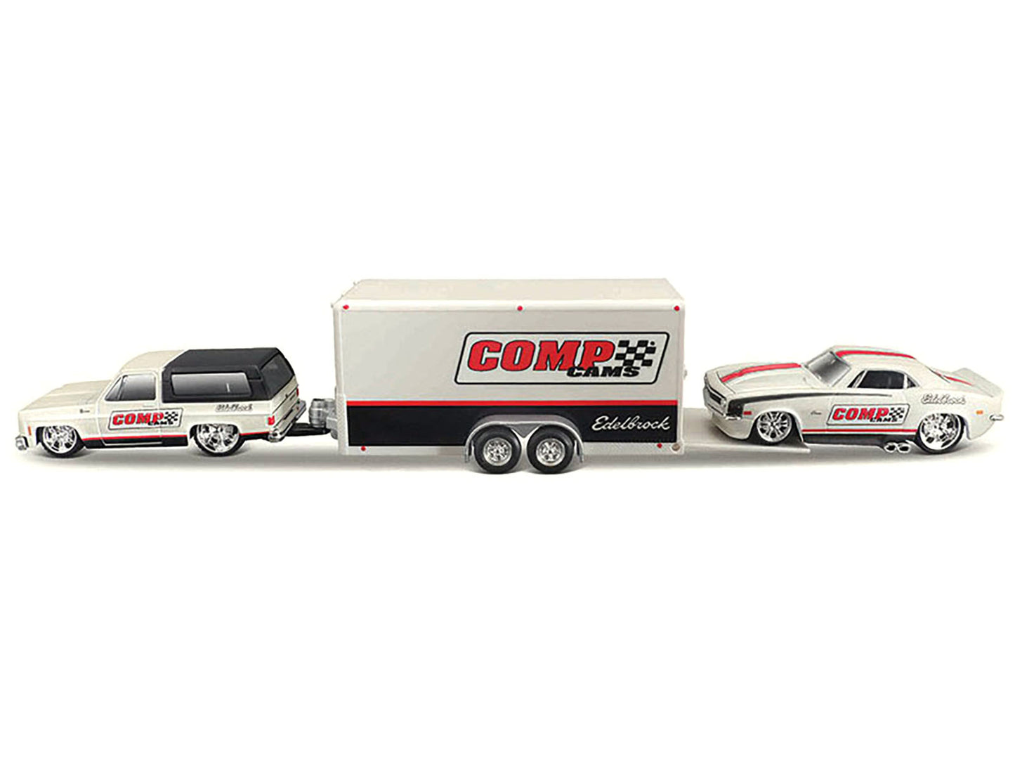 1979 Chevrolet K5 Blazer White and Black and 1968 Chevrolet Camaro Z/28 White with Stripes with Enclosed Car Trailer "Comp Cams - Edlebrock" "Team Haulers" Series 1/64 Diecast Model Car by Maisto