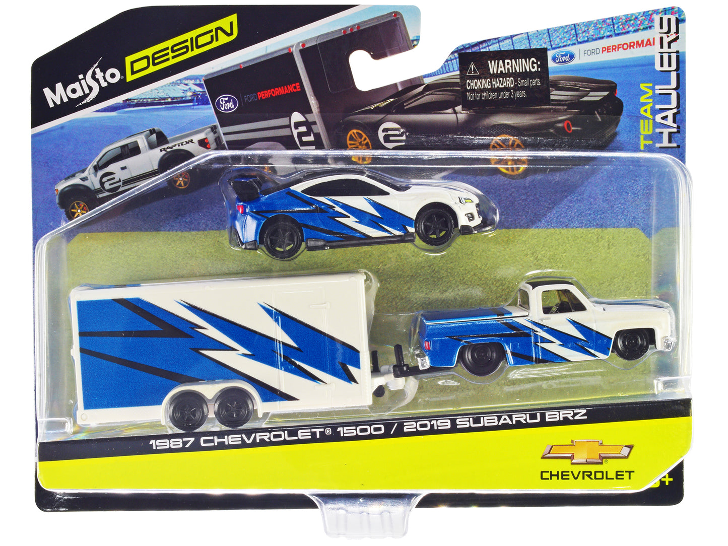 1987 Chevrolet 1500 Pickup Truck White with Blue Graphics and 2019 Subaru BRZ White with Blue Graphics with Enclosed Car Trailer "Team Haulers" Series 1/64 Diecast Model Car by Maisto