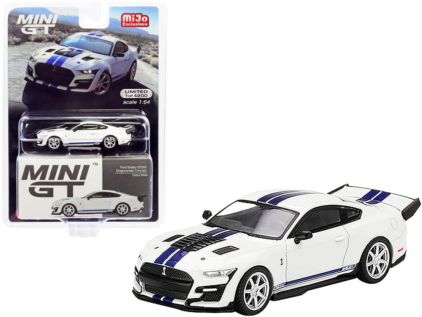 Ford Mustang Shelby GT500 Dragon Snake Concept Oxford White with Blue Stripes and Graphics Limited Edition to 4200 pieces Worldwide 1/64 Diecast Model Car by Mini GT