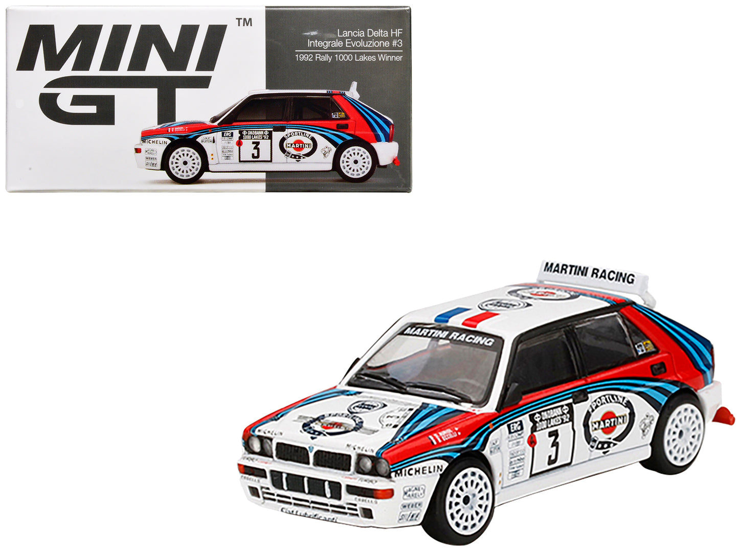 Lancia Delta HF Integrale Evoluzione #3 Didier Auriol - Bernard Occelli Winner "Rally 1000 Lakes" (1992) 1/64 Diecast Model Car by Mini GT