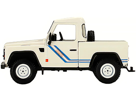 Land Rover Defender 90 Pickup Truck White with Blue Stripes Limited Edition to 3000 pieces Worldwide 1/64 Diecast Model Car by Mini GT