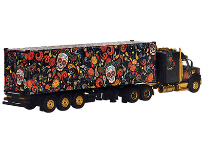 Western Star 49X with 40 Ft Container "Dia de los Muertos" (Day of the Dead) Black with Graphics 1/64 Diecast Model by Mini GT