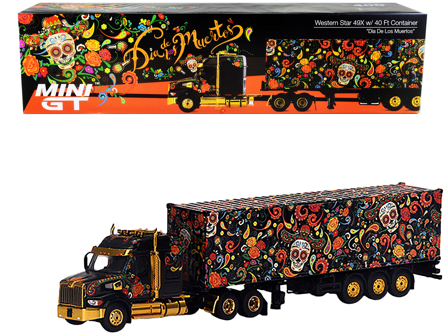 Western Star 49X with 40 Ft Container "Dia de los Muertos" (Day of the Dead) Black with Graphics 1/64 Diecast Model by Mini GT