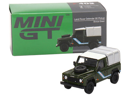 Land Rover Defender 90 Pickup Truck Bronze Green with White Top and Silver Camper Shell Limited Edition to 1200 pieces Worldwide 1/64 Diecast Model Car by Mini GT