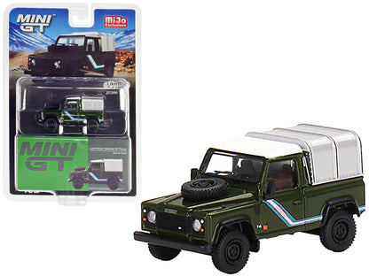 Land Rover Defender 90 Pickup Truck Bronze Green with White Top and Silver Camper Shell Limited Edition to 1200 pieces Worldwide 1/64 Diecast Model Car by Mini GT