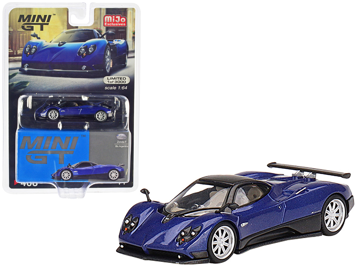 Pagani Zonda F Blu Argentina Blue Metallic with Black Top Limited Edition to 3000 pieces Worldwide 1/64 Diecast Model Car by Mini GT