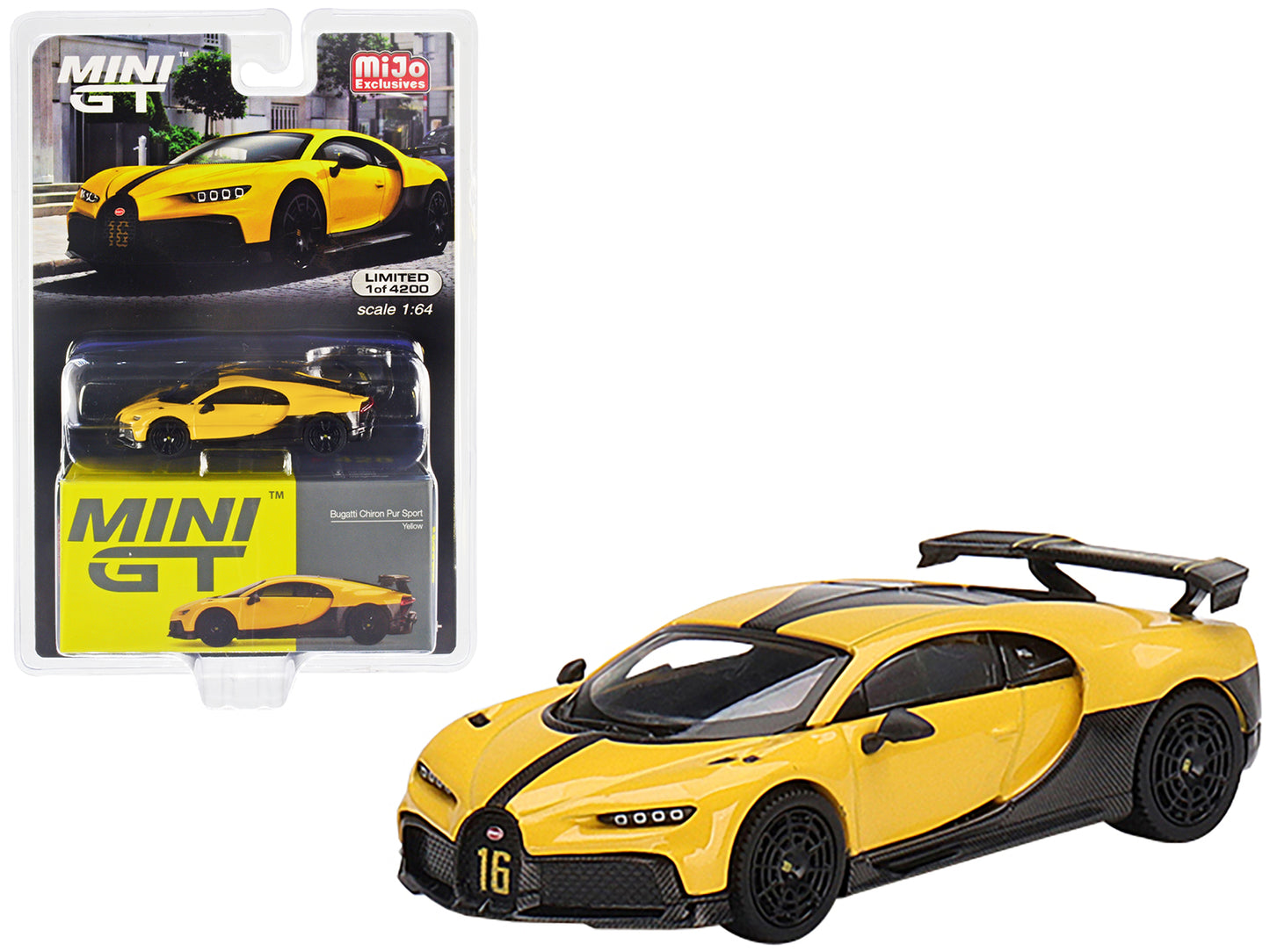 Bugatti Chiron Pur Sport Yellow and Carbon Limited Edition to 4200 pieces Worldwide 1/64 Diecast Model Car by Mini GT