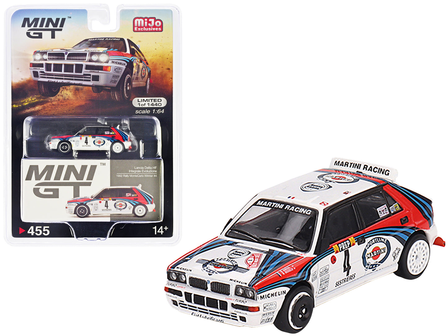 Lancia Delta HF Integrale Evoluzione #4 Didier Auriol - Bernard Occelli "Martini Racing" Winner "Rally MonteCarlo" (1992) Limited Edition to 1440 pieces Worldwide 1/64 Diecast Model Car by Mini GT