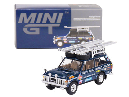 Land Rover Range Rover Blue "1971 British Trans-Americas Expedition (VXC-868K)" with Roof Rack and Ladder Limited Edition to 3000 pieces Worldwide 1/64 Diecast Model Car by Mini GT