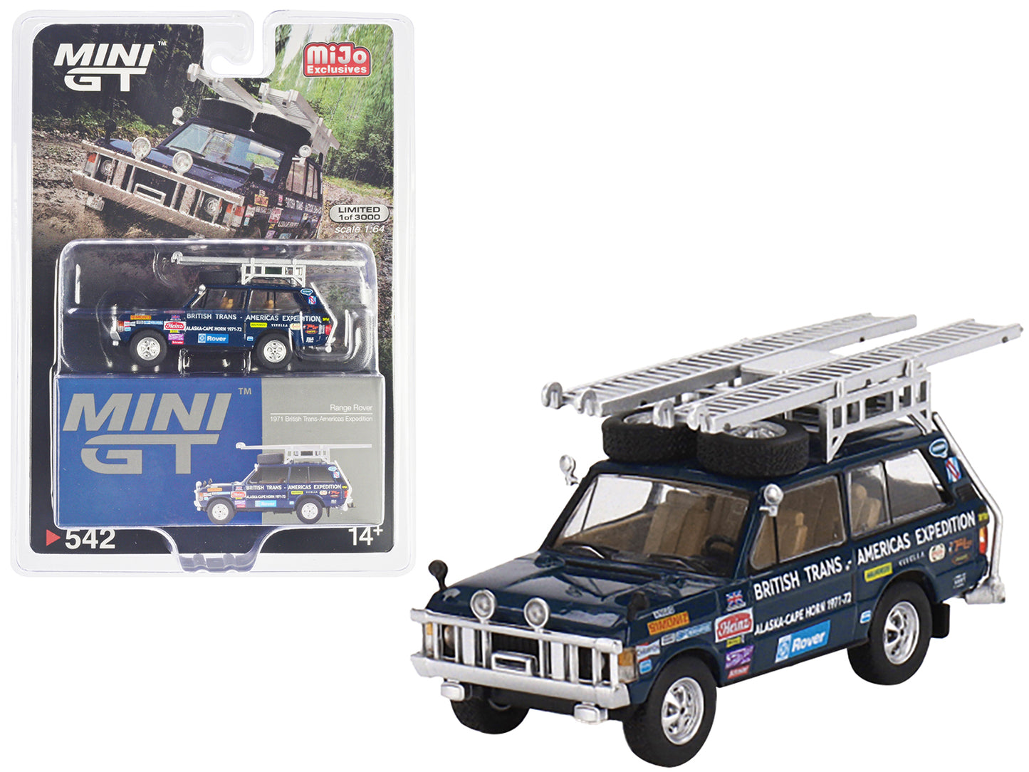 Land Rover Range Rover Blue "1971 British Trans-Americas Expedition (VXC-868K)" with Roof Rack and Ladder Limited Edition to 3000 pieces Worldwide 1/64 Diecast Model Car by Mini GT