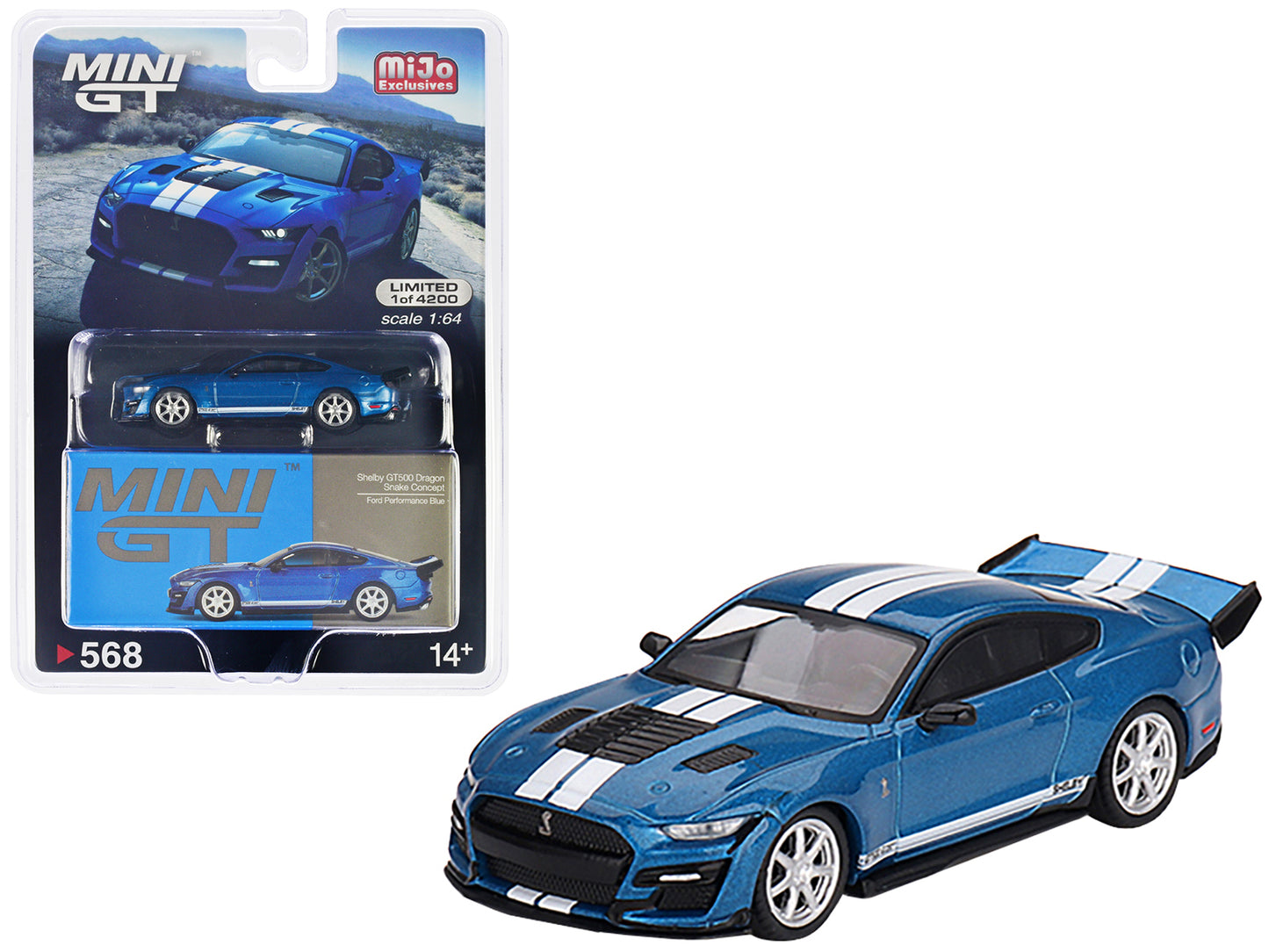 Shelby GT500 Dragon Snake Concept Ford Performance Blue Metallic with White Stripes Limited Edition to 4200 pieces Worldwide 1/64 Diecast Model Car by Mini GT