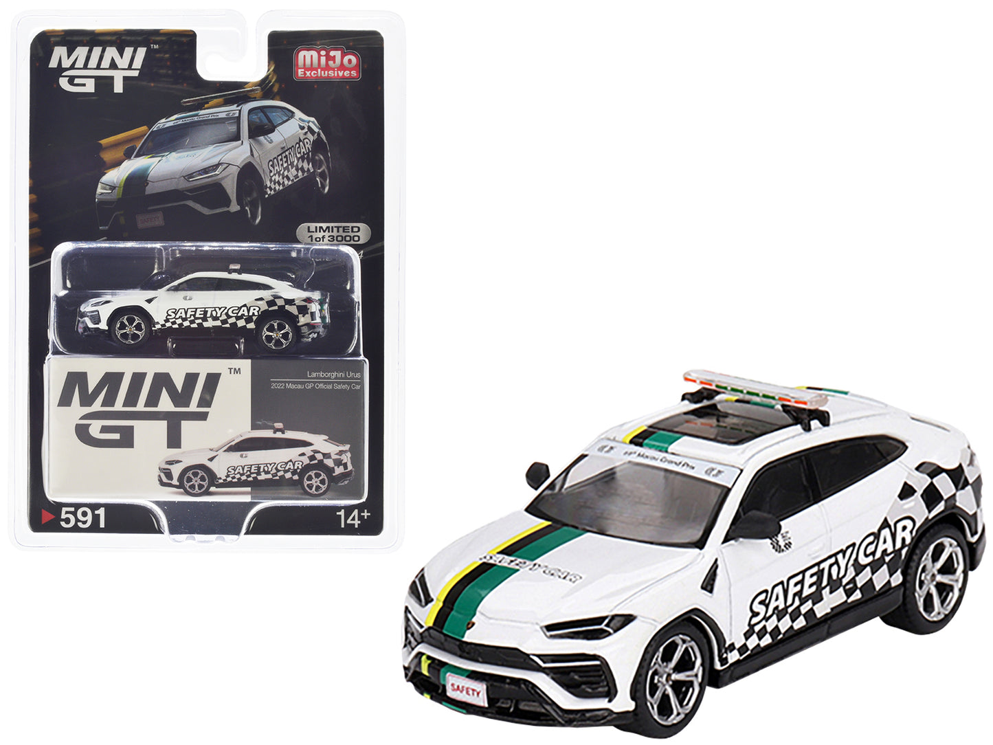 Lamborghini Urus White with Graphics "2022 Macau GP Official Safety Car" Limited Edition to 3000 pieces Worldwide 1/64 Diecast Model Car by Mini GT