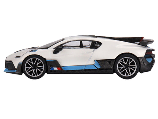 Bugatti Divo White with Carbon Top and Blue Stripes Limited Edition to 3600 pieces Worldwide 1/64 Diecast Model Car by Mini GT