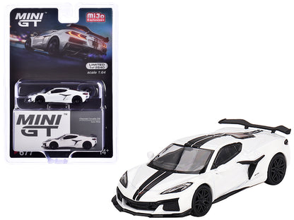 2023 Chevrolet Corvette Z06 Arctic White with Black Stripes Limited Edition to 2640 pieces Worldwide 1/64 Diecast Model Car by Mini GT