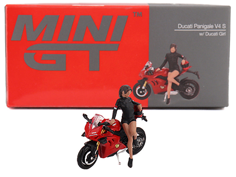 Ducati Panigale V4 S Motorcycle Red with Ducati Girl Figure Limited Edition 1/64 Diecast Model by Mini GT