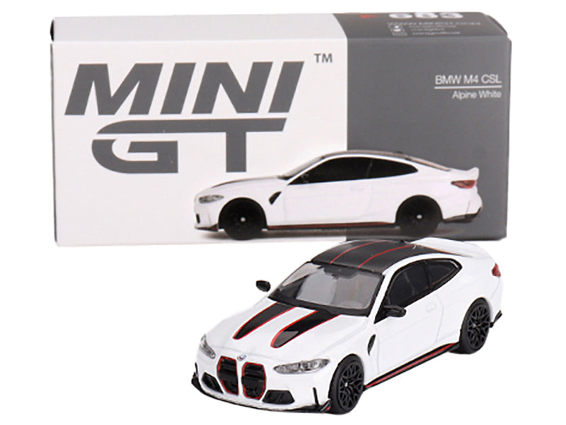 BMW M4 CSL Alpine White with Carbon Top and Black and Red Stripes Limited Edition to 2760 pieces Worldwide 1/64 Diecast Model Car by Mini GT