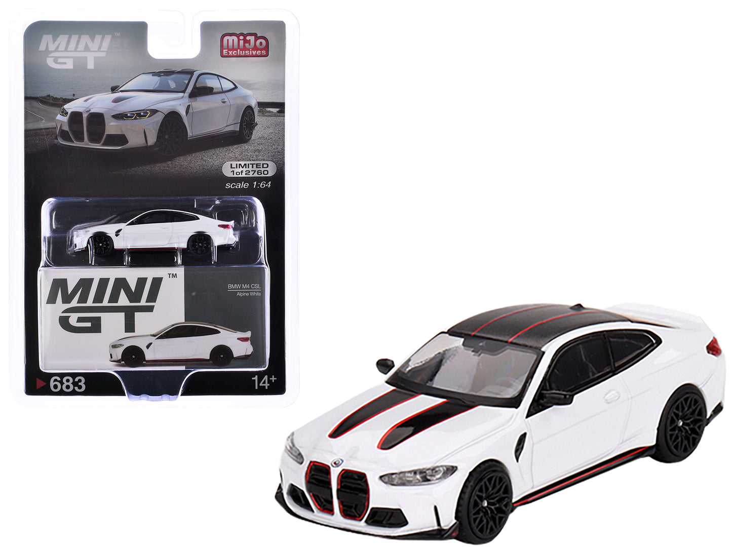 BMW M4 CSL Alpine White with Carbon Top and Black and Red Stripes Limited Edition to 2760 pieces Worldwide 1/64 Diecast Model Car by Mini GT